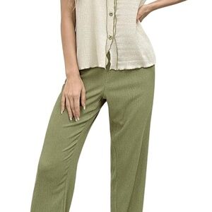 Women’s Lightweight Pant and Button down top set green and cream sz Large Amazon